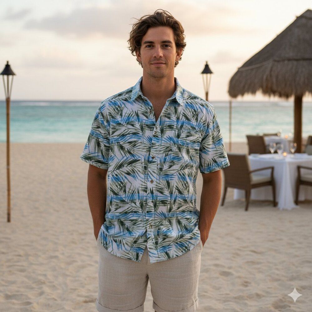 Chaps Mens Palm Leaf Print Short Sleeve Button Down Shirt Pocket Size XL